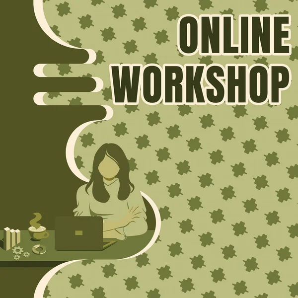 Textskylt som visar Online Workshop. Business approach visar varor och varor på de elektroniska webbplatserna Woman Sitting Using Laptop Online Session Discussing Latest Projects. — Stockfoto