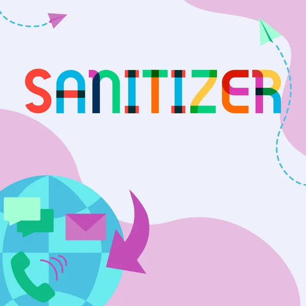 Εννοιολογική λεζάντα Sanitizer. Λέξη για υγρό ή τζελ που χρησιμοποιείται γενικά για τη μείωση μολυσματικών παραγόντων Internet Network Drawing Με πολύχρωμο Μηνύματα S. — Φωτογραφία Αρχείου