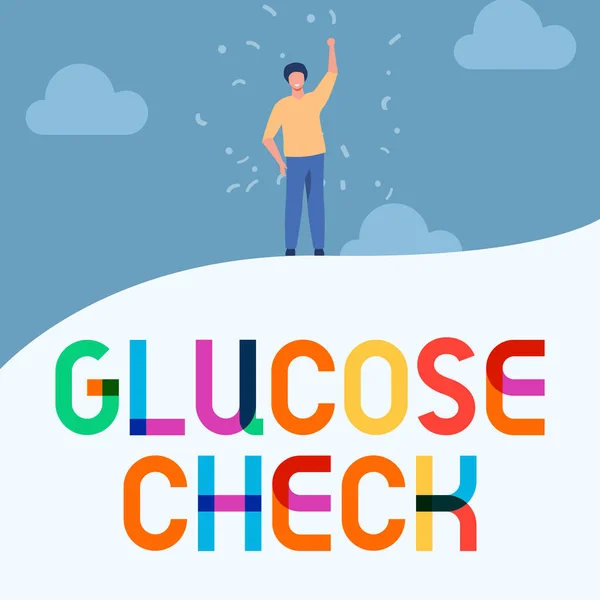 Концептуальний підпис Glucose Check. Концепція значення Процедура, яка вимірює кількість цукру в крові Чоловік малює Підняття руки Небо Постійне пагорб Показано успіх . — стокове фото