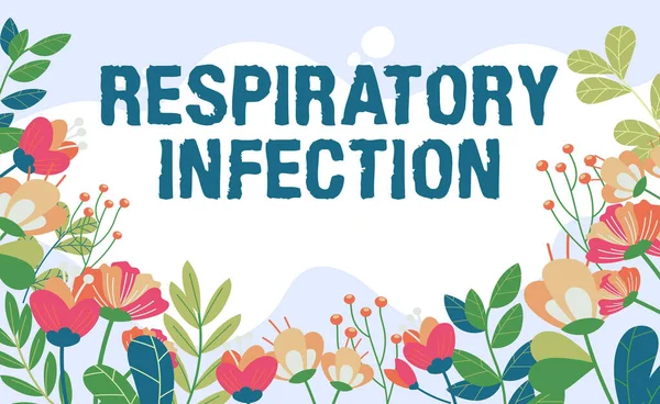 문자 감응 (Respiratory infection) 을 사용 한다. 정상적 인 호흡에 직접적 인 영향을 미치는 전염병에 관해 기록된 글 - 여러 종류의 꽃 과 잎사귀로 뒤덮인 원문 내용. — 스톡 사진