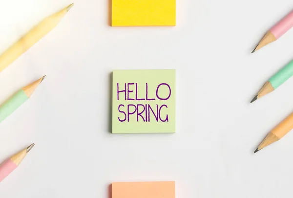 Handwriting text Hello Spring. Conceptual photo Welcoming season comes after winter Blossoming of plantes Flashy School Office Supplies, Bright Teaching Learning Collections — Stock Photo, Image