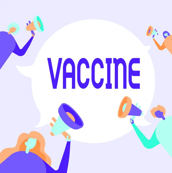 Vaccine 영감을 보여 주는 텍스트. 사업 전반에 걸친 백신 사용자들 이 메가폰 을 들고 서로 이야기하는 모습. — 스톡 사진
