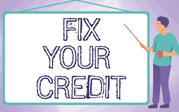 Handschrift teken Fix Your Credit. Business idee Houd de balans laag op creditcards en andere credit School Instructeur Tekenen Pointing Stick Whiteboard Terwijl Holding Cup. — Stockfoto