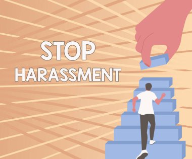 Görüntüleme metni yazılıyor. Tacizi Durdur. İş konsepti, üst kata tırmanan ve hedefleri belirlemeye çalışan diğer beyefendilere yönelik agresif baskı ve sindirmeyi önler..