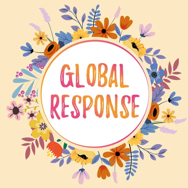 Conceptuele weergave Global Response. Woord voor geeft het gedrag van materiaal weg van impact punt Tekst Frame omgeven met Assorted Flowers Harten en bladeren. — Stockfoto