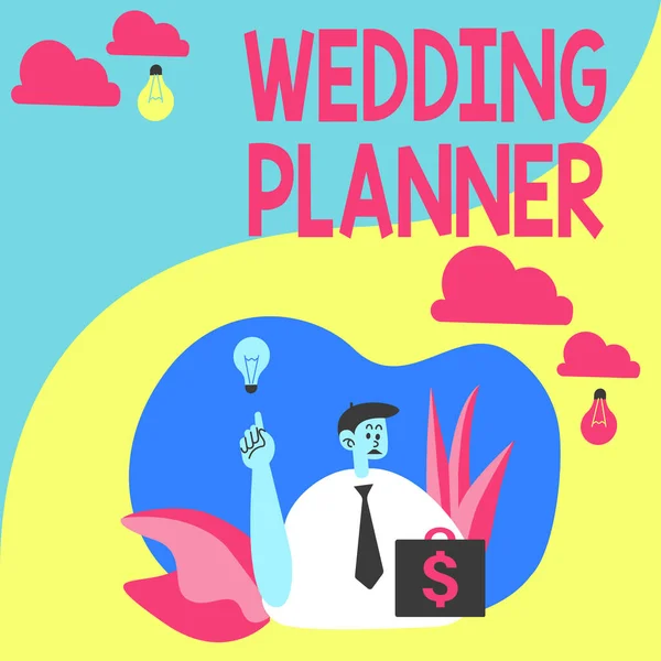 Εννοιολογική απεικόνιση Wedding Planner. Επιχειρηματική επισκόπηση Wedding Planner Man Sitting In Park Φυσώντας Μπαλόνια Σκέψη Νέες σκέψεις με λάμπα Ιδέα. — Φωτογραφία Αρχείου