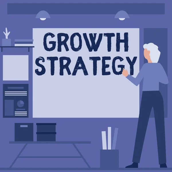 Tekst met inspiratie Groeistrategie. Conceptuele foto Strategie gericht op het winnen van een groter marktaandeel op korte termijn Zakenvrouw Casual Standing Presenteren van grafieken en nieuwe prachtige ideeën. — Stockfoto