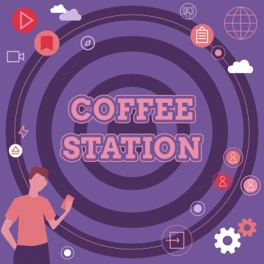 Kavramsal ekran kahve istasyonu. İş yaklaşımı, sıcak içeceklerin iş adamı Yenilikçi Düşünce Öncü Fikirlerin İstikrarlı Geleceğe sunulduğu küçük, gayri resmi bir restoran..