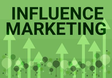 El yazısı tabelası Etki Pazarlama. Anahtar liderleri kullanarak bir marka üretmek, Gökyüzüne doğru süzülen Uzun Oklar 'ın İllüstrasyonu' na bir mesajdır.