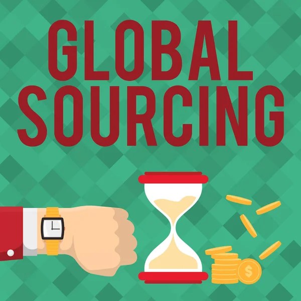 Teksten met Global Sourcing. Conceptuele fotopraktijk van inkoop op de wereldmarkt voor goederen Zakenman Polshorloge gebruiken Showing Hourglass Indicating Valuable Measures. — Stockfoto
