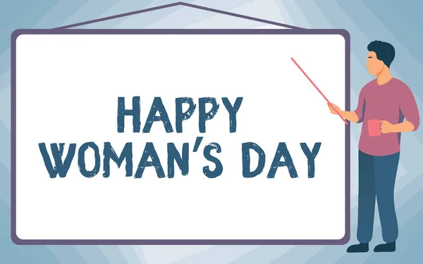 Bildunterschrift: Happy Woman S Day. Geschäftsidee, um das Wesen jeder Dame auf der ganzen Welt zu gedenken Schullehrer Zeichnen Pointing Stick Whiteboard beim Halten Cup. — Stockfoto
