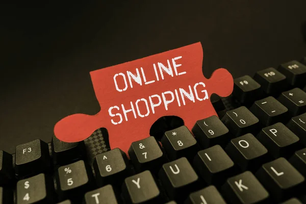 Conceptuele weergave Online winkelen. Bedrijfsoverzicht e-commerce waarmee de consument goederen te kopen met behulp van het Internet Typ Afbeelding Beschrijvingen En Trefwoorden, Het invoeren van nieuwe Internet Website — Stockfoto