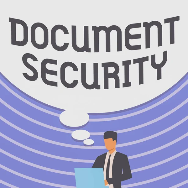 Handwriting text Document Security. Concept meaning means in which important documents are filed or stored Businessman In Suit Drawing Using Laptop With Large Idea Bubble.