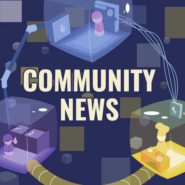 Logga in och visa Community News. Affärsidé nyheter täckning som vanligtvis fokuserar på stadsdelar Sammanfogade bås Tillhandahåller nödvändiga arbetsplatsresurser. — Stockfoto