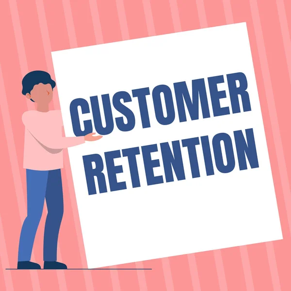 Text caption presenting Customer Retention. Word Written on Keeping loyal customers Retain many as possible Man Standing Drawing Holding Presenting Huge Blank Paper.