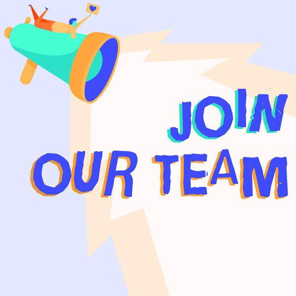 Написание текстов Присоединяйтесь к нашей команде. Бизнес-подход найма вакансии найма людских ресурсов Набор персонала Охота человек опираясь на мегафон производства освещения делает красивое сообщение.