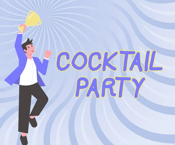 Affichage conceptuel Cocktail Party. Mot écrit sur la fête formelle avec des boissons alcoolisées généralement en début de soirée Gentleman saut excitamment tenant Trophée montrant des réalisations. — Photo