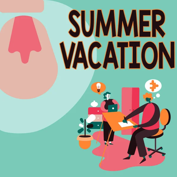 Sign displaying Summer Vacation. Concept meaning the time when children do not go to school in the summer Partners Sharing New Ideas For Skill Improvement Work Strategies. — Stock Photo, Image