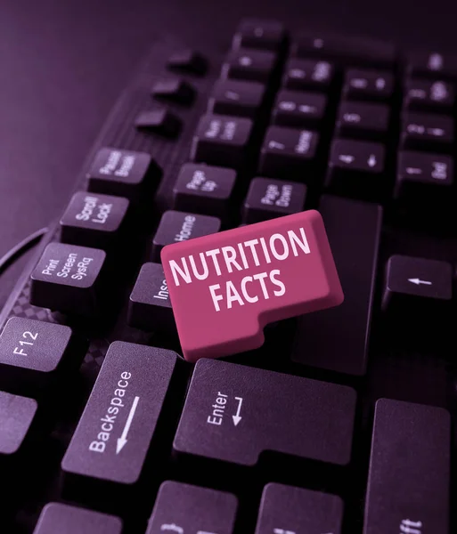 Fogalmi megjelenítés Táplálkozási tények. Üzleti áttekintés Az élelmiszerek részletes információi tápanyagtartalom Gépelés Termék címe és leírása, Fontos adatkódok beírása — Stock Fotó
