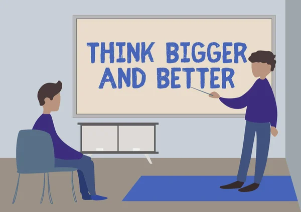 Kézírás szöveg Gondolkozz nagyobbat és jobbat. Szó nélkül korlátok nyitott gondolkodású pozitivitás Big Picture tanár és diák rajz, amelynek osztály Privát belül egy osztályteremben. — Stock Fotó