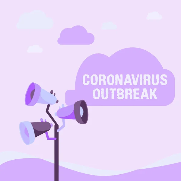 Firma mostrando el Brote de Coronavirus. Palabra para enfermedades infecciosas causadas por el recién descubierto COVID19 Pole Megáfonos Dibujo Hacer anuncio a un espacio abierto. — Foto de Stock