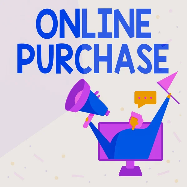 Online Purchase 에 글을 쓰기. Business overview Purchase electronic Commercial goods from over the Internet Lady Inside A Monitor Screen Drawing Holding Megaphone and Flag. — 스톡 사진