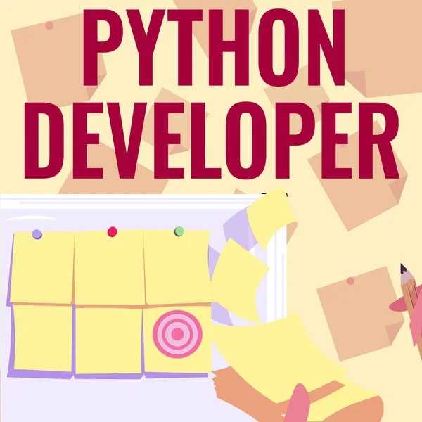 Python開発者のサインを示すインスピレーション。サーバーサイドWebアプリケーションロジックの作成を担当するビジネスアイデア背景粘着性のあるノートを提示する手紙を書くセット目標を持つ. — ストック写真