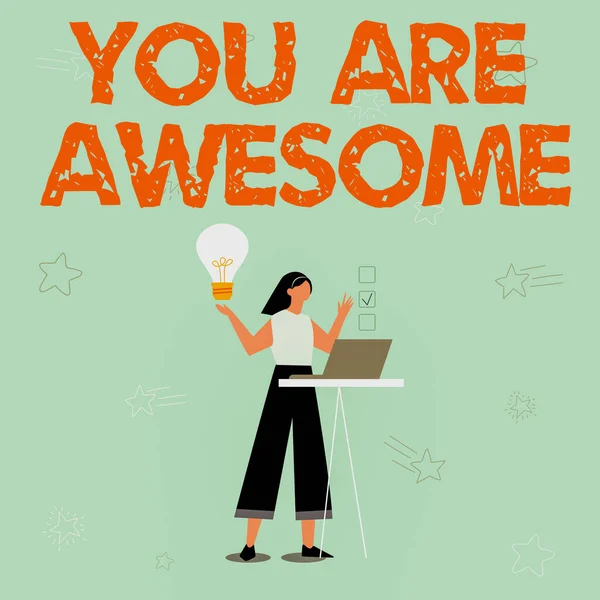 Handschrift teken You Are Awesome. Conceptuele foto Je bent geweldig illustratie van meisje met behulp van laptop met ideeën en het maken van checklist. — Stockfoto