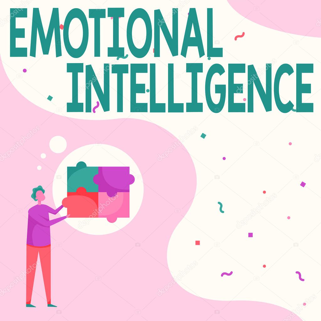 Conceptual caption Emotional Intelligence. Business concept Self and Social Awareness Handle relationships well Man Drawing Standing Fitting Four Jigsaw Puzzle Pieces.