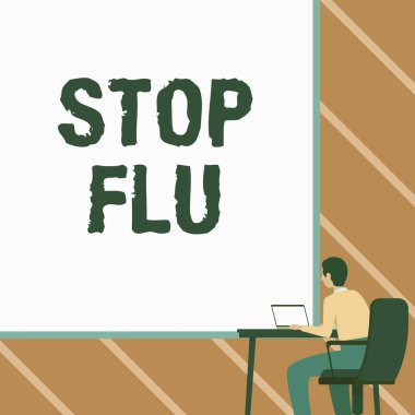 Yazı yazılıyor: Gribi Durdur. Grip virüsü virüsünün yol açtığı bulaşıcı solunum hastalığının tedavisi üzerine yazılmış kelime Kol Koltuğu Laptop kullanarak Masaya yerleştirilmiş Büyük Boş Tahtayla.