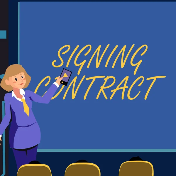 Sign displaying Signing Contract. Internet Concept the parties signing the document agree to the terms Woman Holding Remote Control Presenting Newest Ideas On Backdrop Screen.