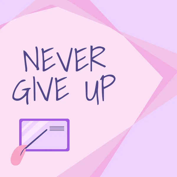 Legenda do texto apresentando Never Give Up. Conceito de Internet Continue tentando até que você tenha sucesso siga seus sonhos objetivos Desenho de cartão com mão apontando vara em pequenos detalhes. — Fotografia de Stock