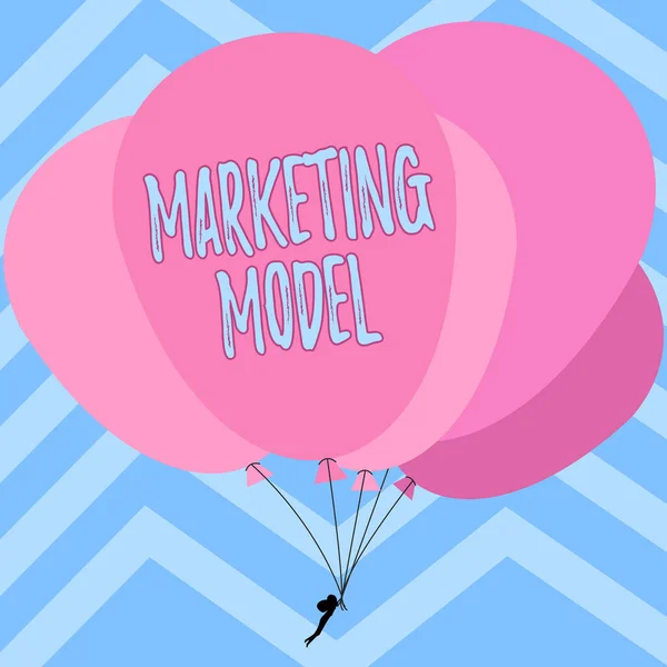 Texte manuscrit Modèle de marketing. Analyse statistique du concept d'entreprise régressions likemultivariate sur les ventes Homme tenant des ballons colorés dessin volant autour de fond rayé. — Photo