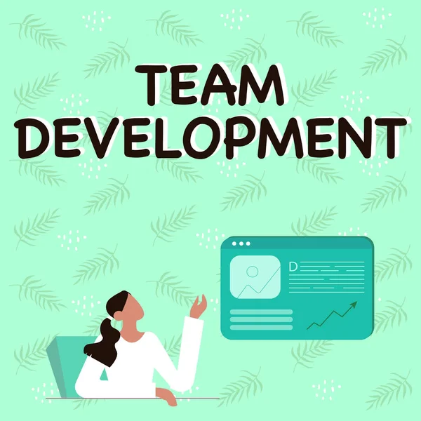 Conceptual display Team Development. Conceptual photo learn why and how small groups change over time with graphs Line Drawing For Lady Sitting Presenting New Ideas With Web Browser Screen — Stock Photo, Image