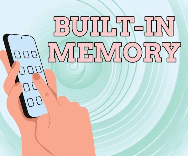 Podpis tekstowy przedstawiający Built In Memory. Urządzenie lub funkcja podejścia biznesowego są zawarte w czymś w jego ramach Hands Holding Technological Device Pressing Application Button. — Zdjęcie stockowe