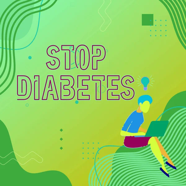 Bildunterschrift: Stop Diabetes. Internet-Konzept Blutzuckerspiegel ist höher als normales Insulin injizieren Frau sitzt mit Laptop aktiv Arbeit aus neuen Gedanken. — Stockfoto