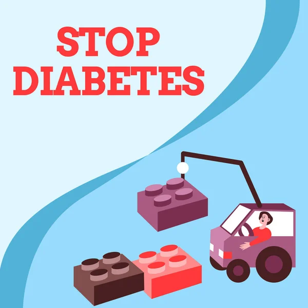 Légende textuelle présentant Stop Diabetes. Concept signifiant que le taux de sucre dans le sang est plus élevé que la normale Injection Insuline Man In Crane Moving Around Blocks Présentation de nouvelles idées. — Photo