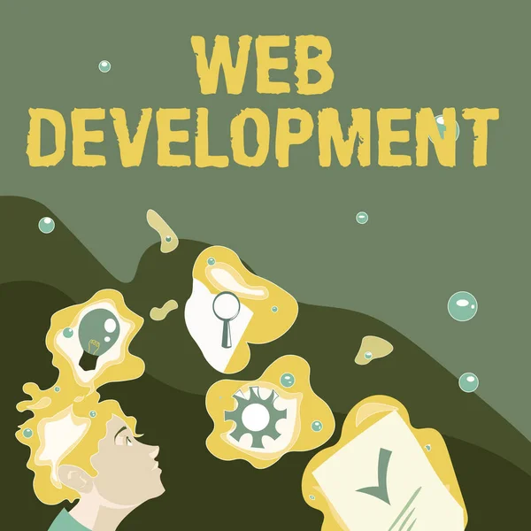 Texto de caligrafia Desenvolvimento Web. Conceito de negócio Web Development Ilustração de um homem de pé chegando com novas ideias surpreendentes — Fotografia de Stock