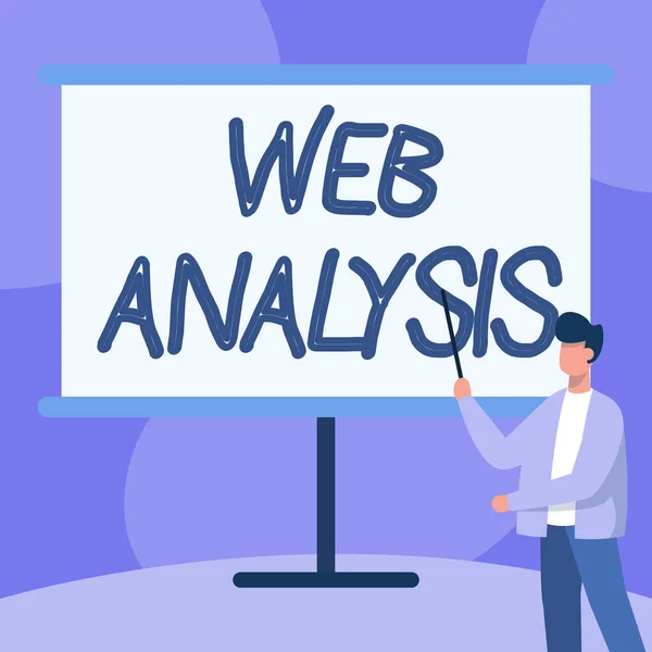 Bildunterschrift: Webanalyse. Word geschrieben auf Web-Analyse Lehrer in Jacke Zeichnung Standing Pointing Stick auf Whiteboard. — Stockfoto