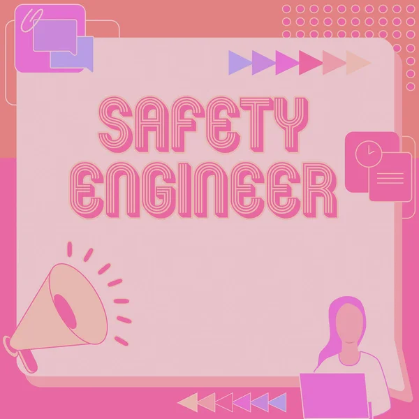 Handschrift Safety Engineer. Concept betekent persoon die alle mogelijke gevarenplekken inspecteert in een fabriek Vrouw die zit te werken naast Megaphone Nieuwe Aankondiging — Stockfoto