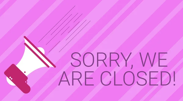 Text caption presenting Sorry, We Are Closed. Business approach apologize for shutting off business for specific time Illustration Of A Megaphone Making Fast Important Announcement. — Stock Photo, Image