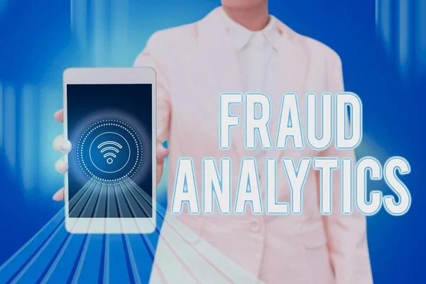 Tekst bijschrift met Fraud Analytics. Woord voor de identificatie van de werkelijke of verwachte fraude te vinden Lady Pressing Screen Of Mobile Phone Showing The Futuristic Technology — Stockfoto