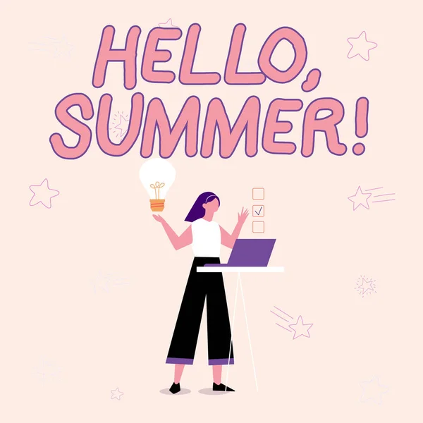 Sign displaying Hello Summer. Business overview season after spring and before autumn where the weather is hot Illustration Of Girl Using Laptop Having Ideas And Making Checklist. — Stock Photo, Image