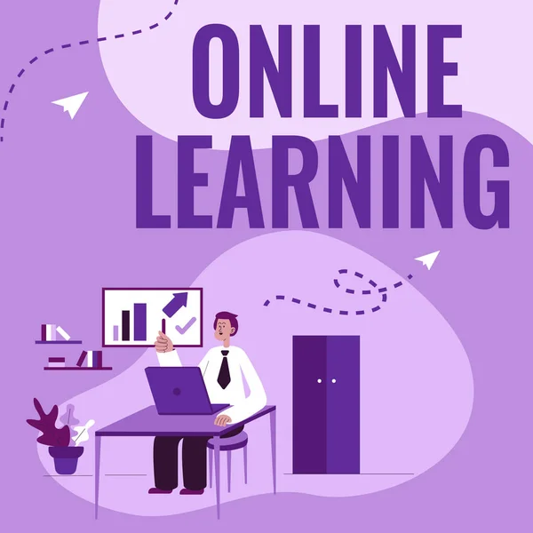 Text som visar inspiration Online Learning. Affärsidé Larning med hjälp av Internet och en dator Man sitter på skrivbordet Arbete och presentera ny teknik. — Stockfoto