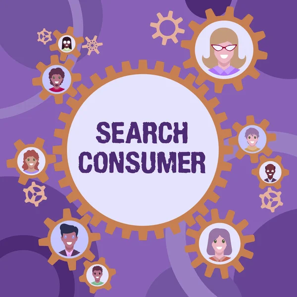 検索消費者を示すテキスト記号。コグホイール内で発表された市場の同僚の消費者の好みや行動に関する研究を意味する概念チームワークの定義 — ストック写真
