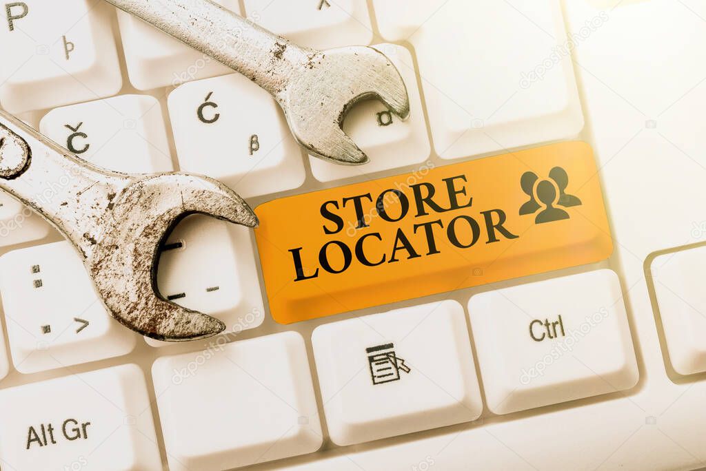 Text caption presenting Store Locator. Business showcase to know the address contact number and operating hours Writing Interesting Online Topics, Typing Office Annoucement Messages