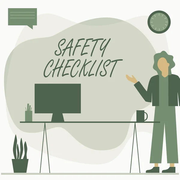 Conceptual display Safety Checklist. Business approach list of items you need to verify, check or inspect Woman Standing Office Using Laptop With Speech Bubble Beside Plant Vase.