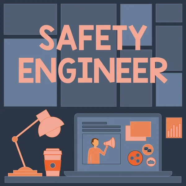 Text care arată inspirație Inginer de siguranță. Cuvânt pentru persoana care inspectează toate locurile de pericol posibile într-un laptop din fabrică pe o masă lângă cana de cafea și lampa de birou care arată procesul de lucru. — Fotografie, imagine de stoc