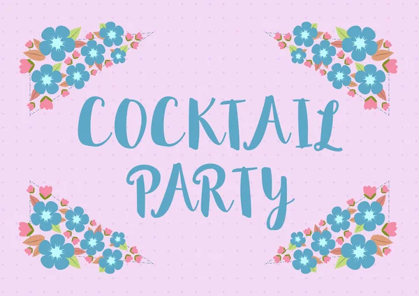 Tekst pokazujący inspirację Cocktail Party. Słowo Napisane na oficjalnej imprezie z napojami alkoholowymi zwykle wczesnym wieczorem Blank Frame ozdobione abstrakcyjnymi zmodernizowanymi formularzami Kwiaty i liści. — Zdjęcie stockowe