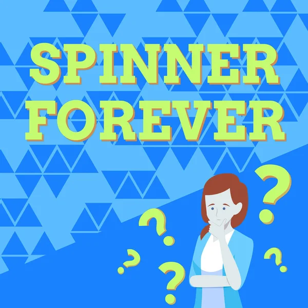 Hand writing sign Spinner Forever. Word for stress reliever for showing who tend to fidget Flat top Lady Drawing Brainstorming New Solutions Surrounded With Question Marks. — Stock Photo, Image